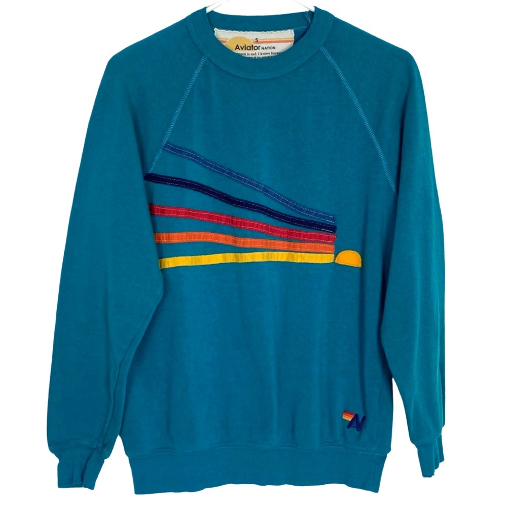 Aviator Nation Daydream Crew Raglan Pullover Sweatshirt Teal Blue Sunshine Small